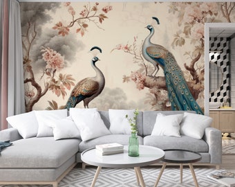 Chinoiserie Mural, Peacock Wallpaper, Chinoiserie Wall, Birds Wallpaper, Asian Wall Mural, Chinoiserie Wall Art, Asian Peel and Stick