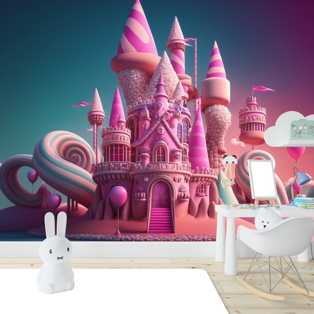 Pink Castle Wallpaper Made of Candy for Kids Room, Game Room and