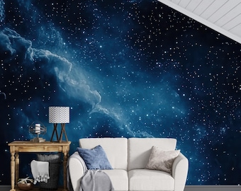 宇宙の星空壁紙、深宇宙の星雲の壁画、神秘的な銀河のダークブルーの壁デカール、夢のような天体宇宙の壁装飾