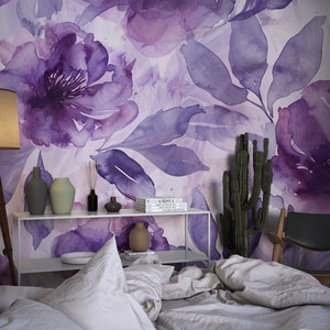 Purple Peony Flowers Watercolor Wallpaper, Florals Wall Decor for ...