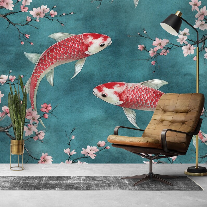 Koi Fish Wallpaper Mural Chinoiserie Poster Chinese Style Koi Etsy