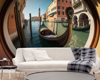 Italien Venedig-Kanal-Gondel-Ansicht-Tapete, für Wohnzimmer-, Schlafzimmer- und Bürowände - Abziehen und Aufkleben, Vliesstoff, Textil-Vinyl-Optionen