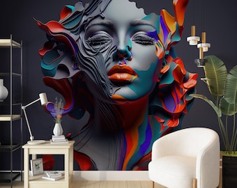 Beautiful Woman Salon Wallpaper, Orange Lips Woman Salon Wallpaper, Beauty Parlour Decals, Woman Makeup Art - Hair Salon Decor, Female Art