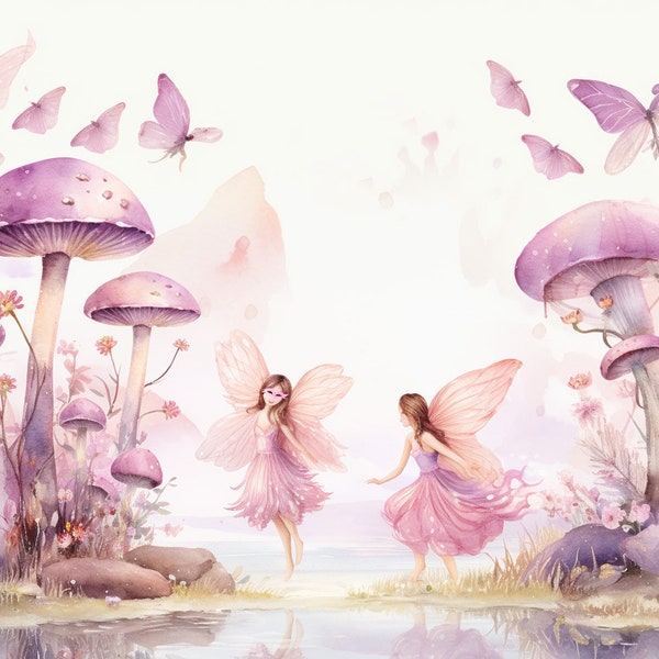Fairies in the Forest, Watercolor Wallpaper, Nursery and Kids Room Decor, Peel and Stick, Removable