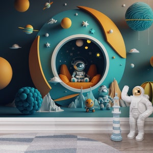 Carta da parati con pianeti e astronauti per bambini e camerette, carta da parati con paesaggio spaziale 3D, carta da parati murale in vinile e tessuto non tessuto staccabile Galaxy