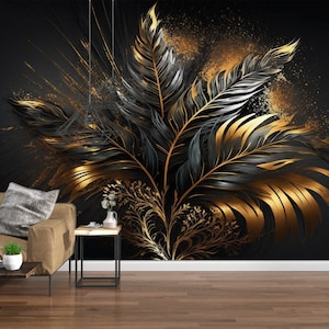 Carta da parati con foglie tropicali e dettagli dorati: decorazione murale facile da applicare e rimovibile