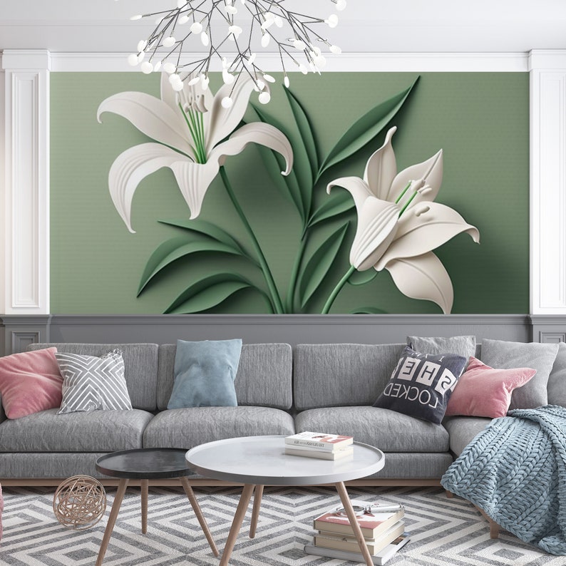 White Lily Wallpaper for Living Room and Bedroom Natural and - Etsy