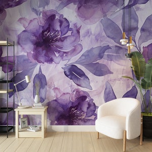 Purple Peony Flowers Watercolor Wallpaper, Florals Wall Decor for ...