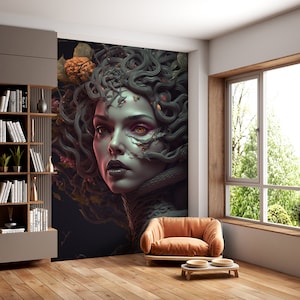 Carta da parati con statua di Medusa per pareti di casa e ufficio, decorazione da parete greca, mitologia greca, pezzo unico e rimovibile, facile da installare