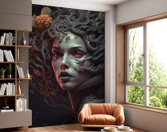 Medusa standbeeld behang voor thuis en op kantoor muur, Griekse muur decor, Griekse mythologie, één stuk en verwijderbaar, eenvoudige installatie