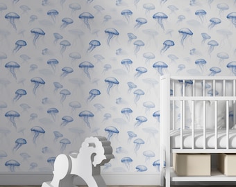 Quallen Tapete, Meeresblau Meerestiere, Unterwasser Wandbild, Meerestiere Wandbild, Meerestiere Wandbild für Badezimmer und Schlafzimmer