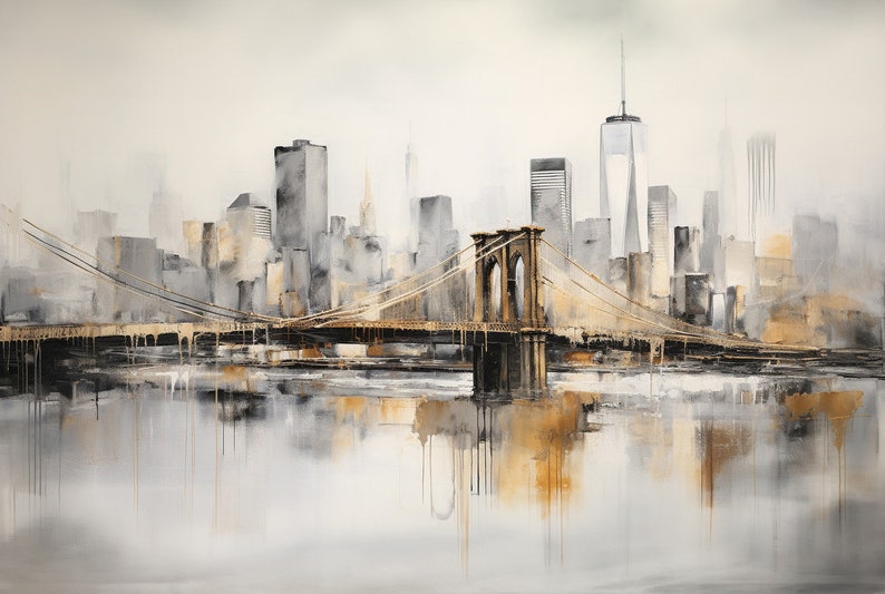 Landschapsbehang, Brooklyn Bridge aquarel Art Mural Decor voor Home & Office Wall, Peel Stick en One Piece, Bekijk Wallpaper afbeelding 2