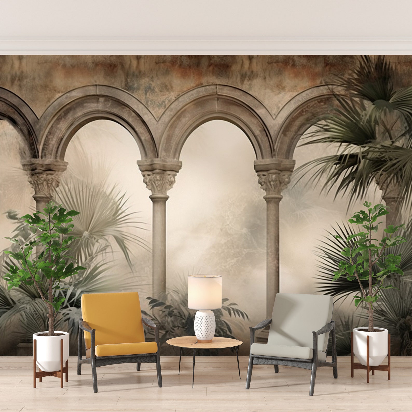 Roman Column Mural Wallpaper, Exotic Plants Wall Art Living Room and ...