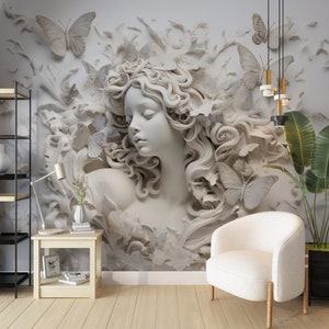 Carta da parati 3D con donna e farfalle, decorazione murale scultorea per pareti di saloni di bellezza e parrucchieri, arte murale per saloni di bellezza, decalcomanie per saloni di bellezza