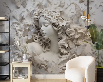 Woman and Butterflies 3D Wallpaper, Sculptural Mural Decor for Beauty and Hair Salon Wall Woman Salon Wall Art, Color Customizable Wallpaper
