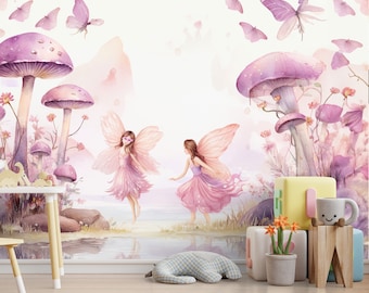 Fairies in the Forest, Watercolor Wallpaper, Nursery and Kids Room Decor, Peel and Stick, Removable