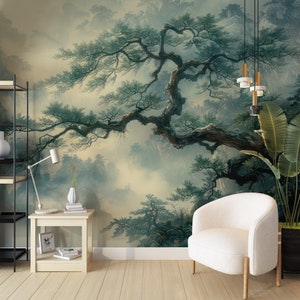Carta da parati con rami di albero, carta da parati tropicale, alberi di betulla nella foresta, murale panoramico, murale hawaiano, decorazione murale della foresta di betulle