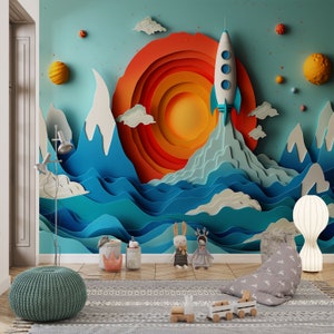 Carta da parati con pianeti e astronauti per bambini e camerette, carta da parati fantascientifica, arte della carta da parati con paesaggi spaziali 3D, decorazione murale con galassia