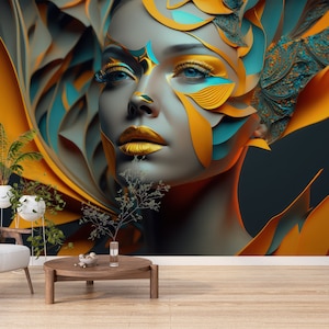 Carta da parati con donna in oro e blu, decorazione per salone di bellezza, decalcomanie per salone di bellezza, murale per parrucchiere, decalcomania per centro estetico