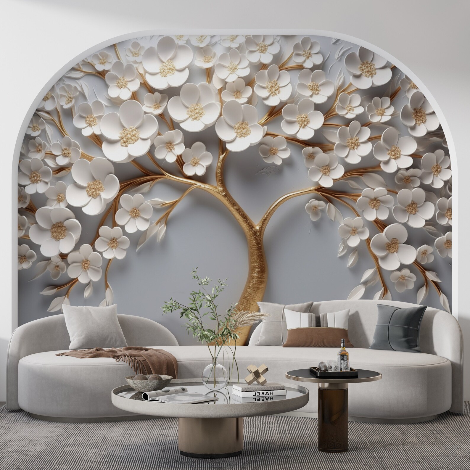 3D White Flowers Tree Wallpaper, Embossed Look Floral Wall Art, 3D ...