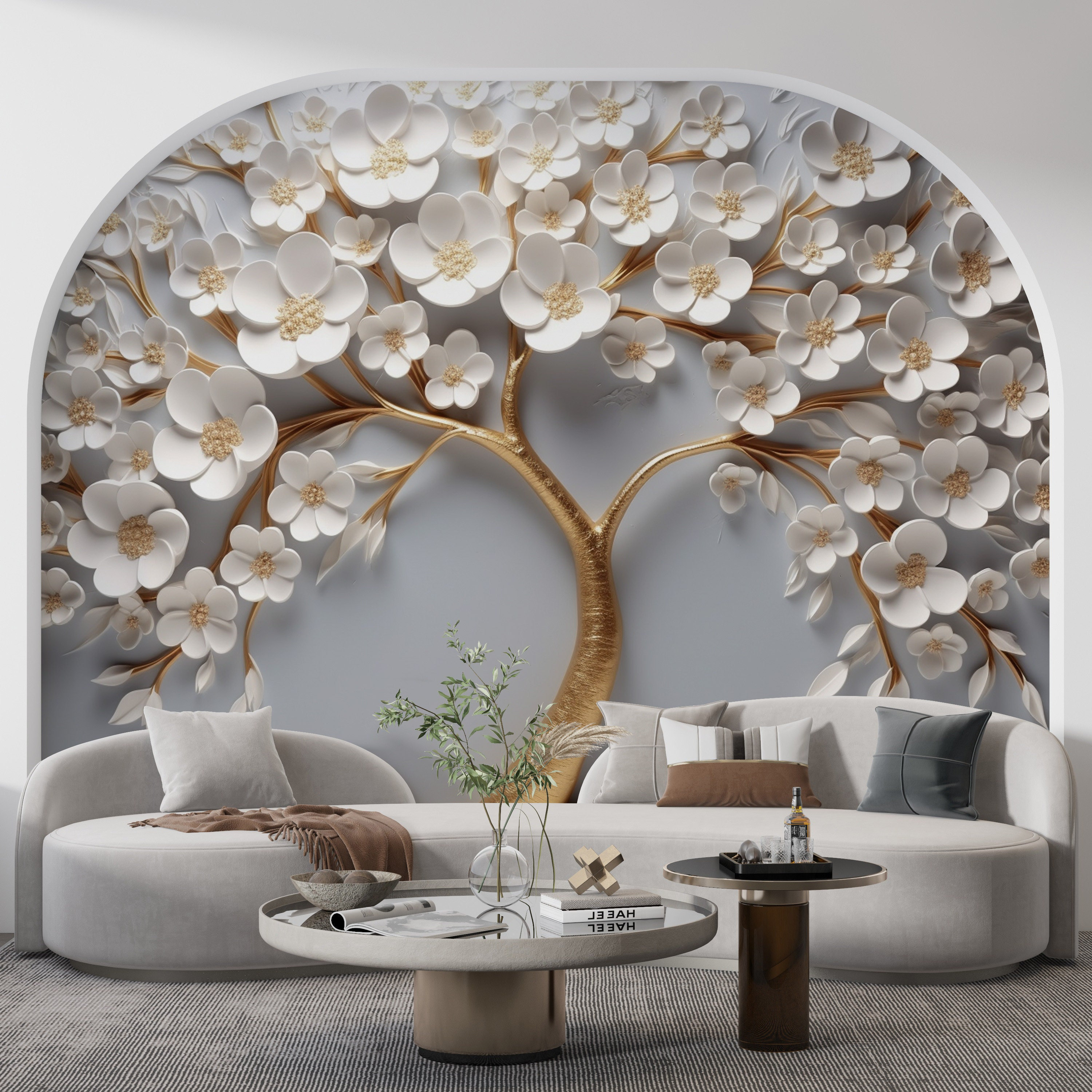 3D White Flowers Tree Wallpaper, Embossed Look Floral Wall Art, 3D