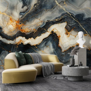 Gold Marble Wallpaper, White and Black Abstract Removable Wall Decor, Concrete Wallpaper, Peel and Stick Self-Adhesive Modern Wall Mural Art