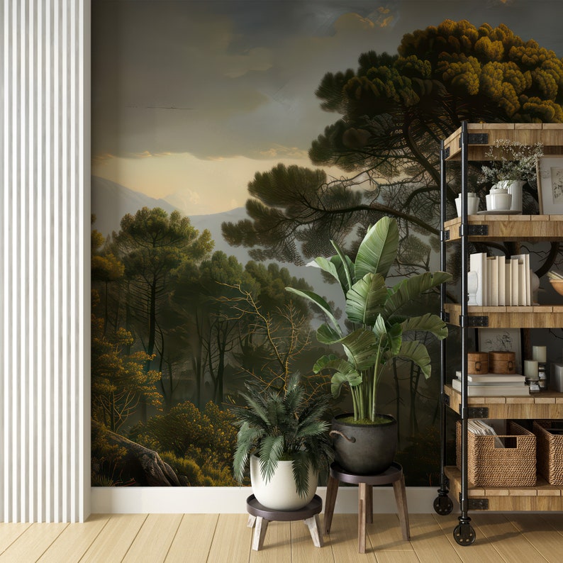 Vintage Scenic Wallpaper, Tree Wall Mural, Retro Landscape Wallpaper ...