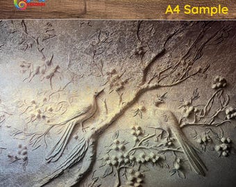 Reflective Gold Wallpaper, Tree and Birds Embossed Look Wall Mural, Gold Leaf Paper, Textured Wall Art, Luxury Wallpaper, Concrete Wallpaper
