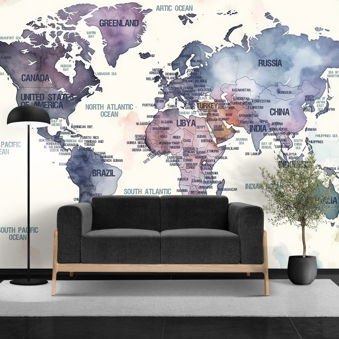 Watercolor World Map Wallpaper for Home & Office Wall - Etsy