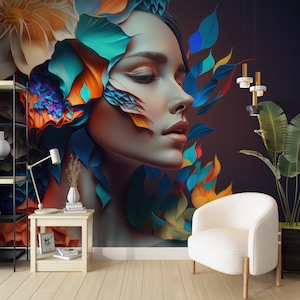Vinilo decorativo de peluquería, papel pintado floral de mujer hermosa para peluquería, centro de belleza, papel pintado de salón de spa, mural de pared para mujeres