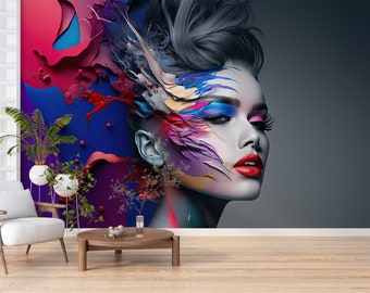 Hairdresser Wall Mural, Beautiful Woman Floral Wallpaper for Hair Salon, Beauty Center, Spa Salon Wallpaper, Women Wall Decals
