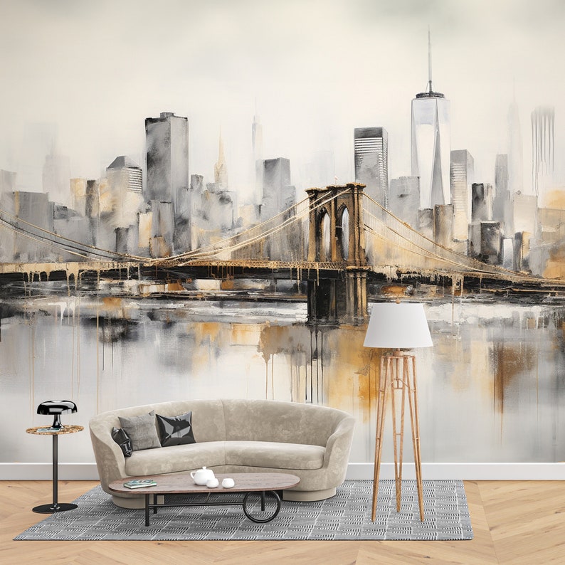 Landscape Wallpaper, Brooklyn Bridge Watercolor Art Mural Decor for Home & Office Wall, Peel Stick and One Piece, View Wallpaper image 1