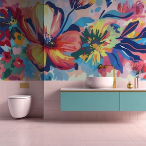 3d Aquarell Tapete mit großen Blumen, Wohnzimmer Kinderzimmer und Schlafzimmer Blumen Wandkunst, Abnehmbares abstraktes Blumen Wandbild