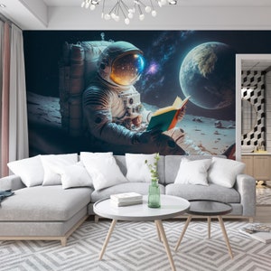 Poster di carta da parati con astronauta, astronauta che legge un libro sulla luna, carta da parati con pianeti per bambini e cameretta dei bambini, carta da parati con paesaggi spaziali