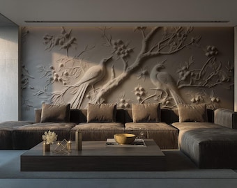 Papier peint en relief arbre et oiseaux, décoration murale pour salon et chambre à coucher, papier peint autocollant, aspect gaufré