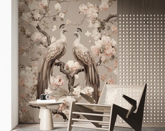 Two Peacock Chinoiserie Wallpaper, Floral Peel and Stick Mural, Chinese Temporary Wall Decor, Removable Floral Wallpaper, Chinoiserie Mural