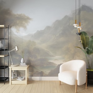 Vintage Mountain Landscape Mural Wallpaper – Muted Tones River Wall Art, Retro Countryside Scene, Nature Wall Decor