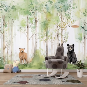 Woodland Nursery and Kids Wallpaper, Cute Bears in the Wood, Children's Room Mural Decor, Nature Wallpaper, Baby Boy Wall Decal