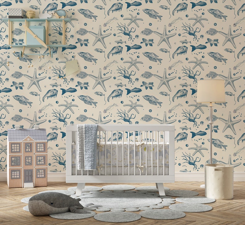 Buy Coastal Sea Creatures Wallpaper, Coastal Blue Fish Ocean Mural