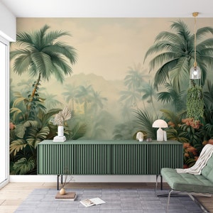 Palm Trees Tropical Wallpaper, Palm Leaf Wall Mural, Jungle Landscape Mural Decor, Removable Island Wallpaper