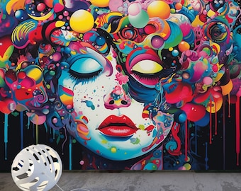 Tapeta do pokoju hipisowskiego z kolorowym portretem kobiety, plakat artystyczny w stylu pop-art, odklejany i przyklejany