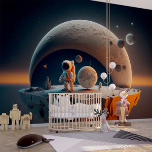 Carta da parati con astronauti, carta da parati con astronauti e pianeti per bambini e camerette, carta da parati spaziale, decalcomania da parete spaziale, murale da parete con galassia