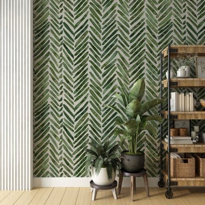 Green Herringbone Wallpaper, Removable Olive Wallpaper, Watercolor Herringbone Decal, Sage Green Chevron Wall, Color Customizable Wallpaper