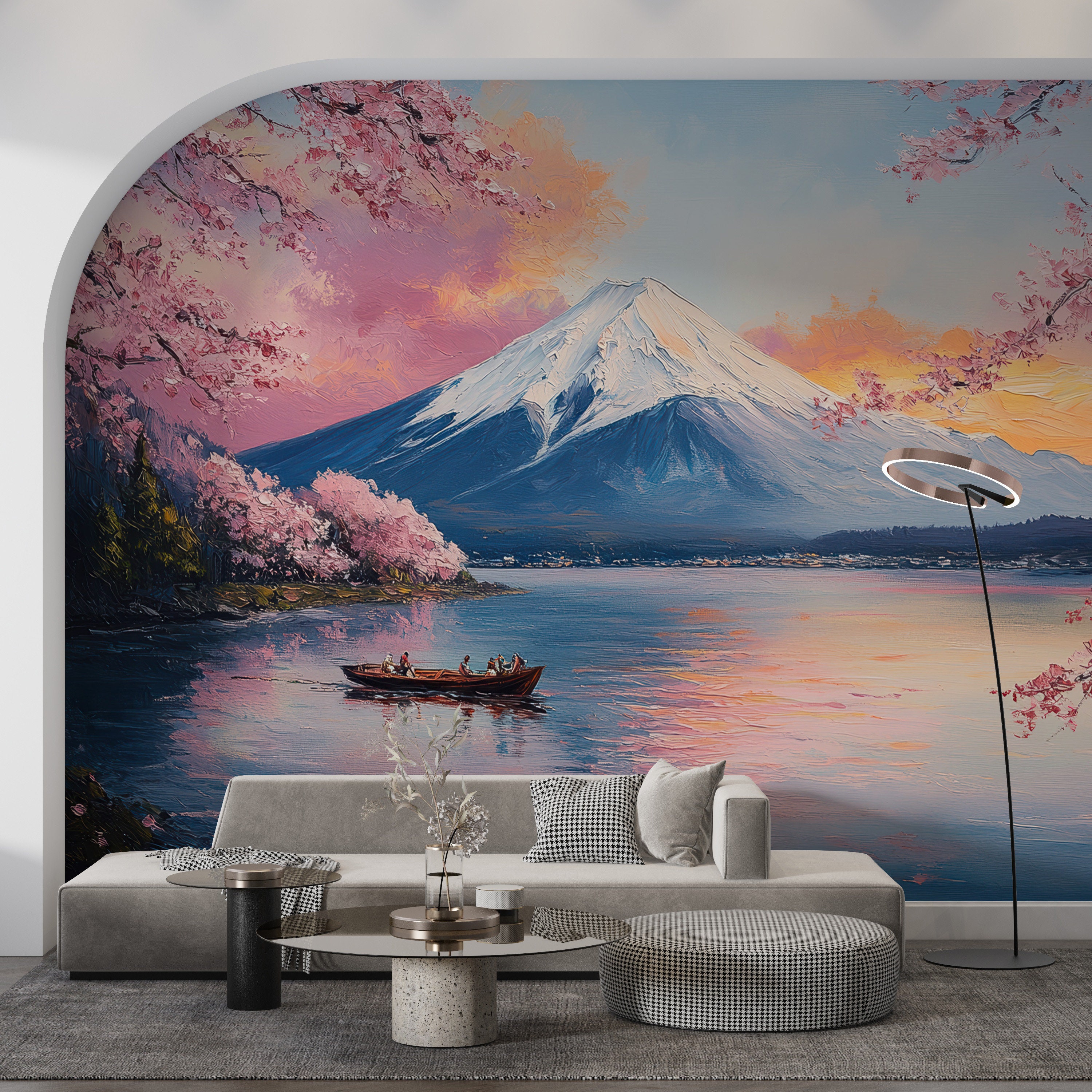 Mount Fuji Landscape Wall Mural, Japan Lake Kawaguchi Scenery Wallpaper, Japanese Cherry Blossom Wall Decor, Oil Painting Scenic Wall Art