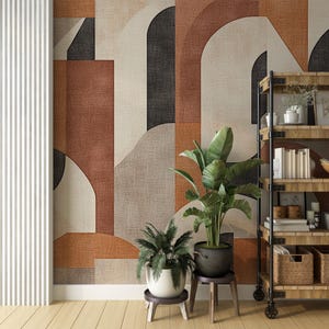 Retro Warme Ton Tapete, Geometrische Formen Wandbild, Boho Beige und Braun Wandtattoo, Abstrakte Minimalistische Wanddekoration