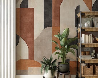 Retro Warm Tone Wallpaper, Geometric Shapes Peel and Stick Wall Mural, Boho Beige and Brown Wall Decal, Abstract Minimalist Wall Decor