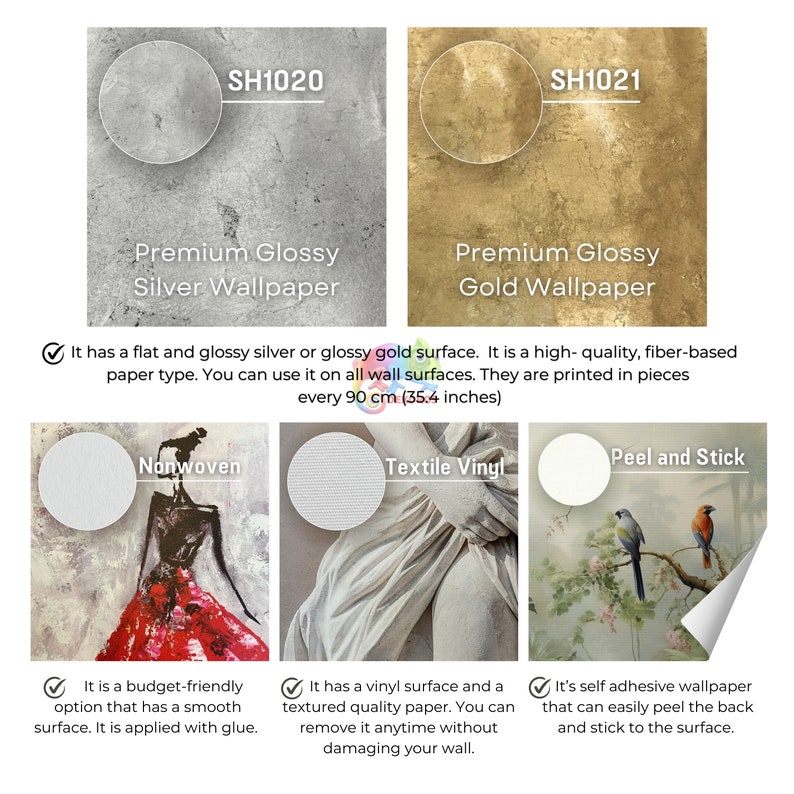 May include: Two samples of wallpaper, one silver and one gold, with the product codes SH1020 and SH1021. The text describes the wallpaper as premium glossy and high-quality, fibre-based paper. It is available in 90 cm (35.4 inches) pieces.