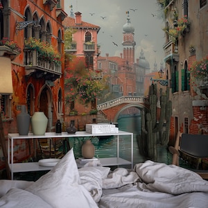 Venice Landscape Wallpaper, Historical Landscape Wall Mural, Vintage Scenery Painting Wall Art, Panoramic Countryside Mural, Scenic Wall Art