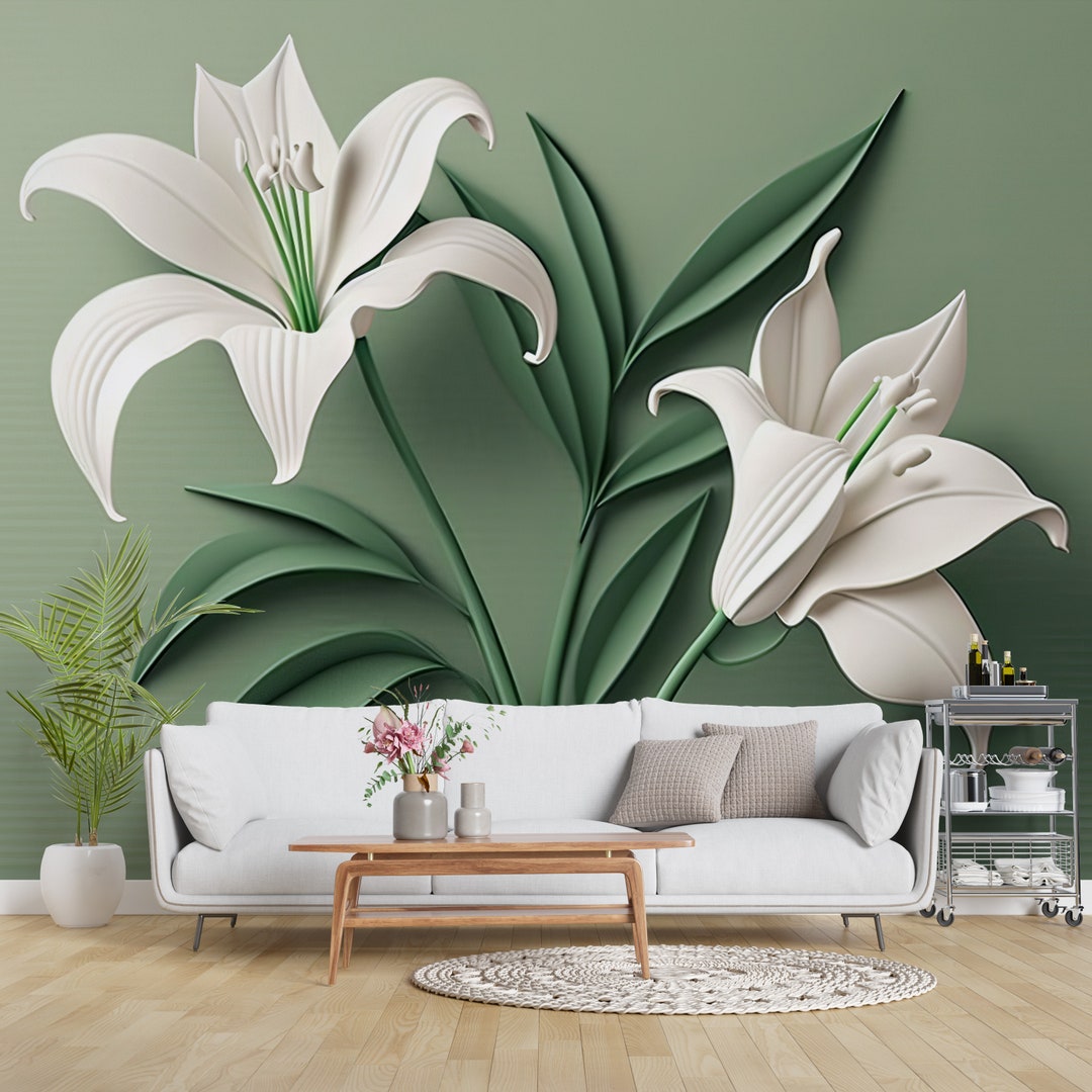 White Lily Wallpaper for Living Room and Bedroom, Natural and Botanical ...