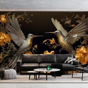 3D Vogel-Tapete: Kolibri-Wandbild Gold-Blumen-Poster Einfach anzubringende Luxus-Tapete Bild 2